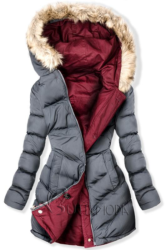 Kifordítható téli parka kabát - bordó és szürke színű