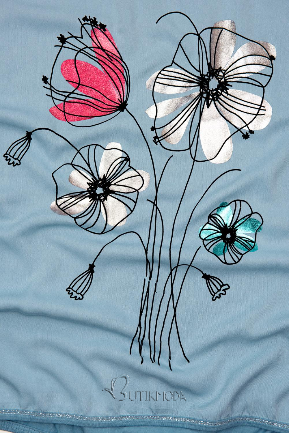 Farmerkék színű virágmintás póló
