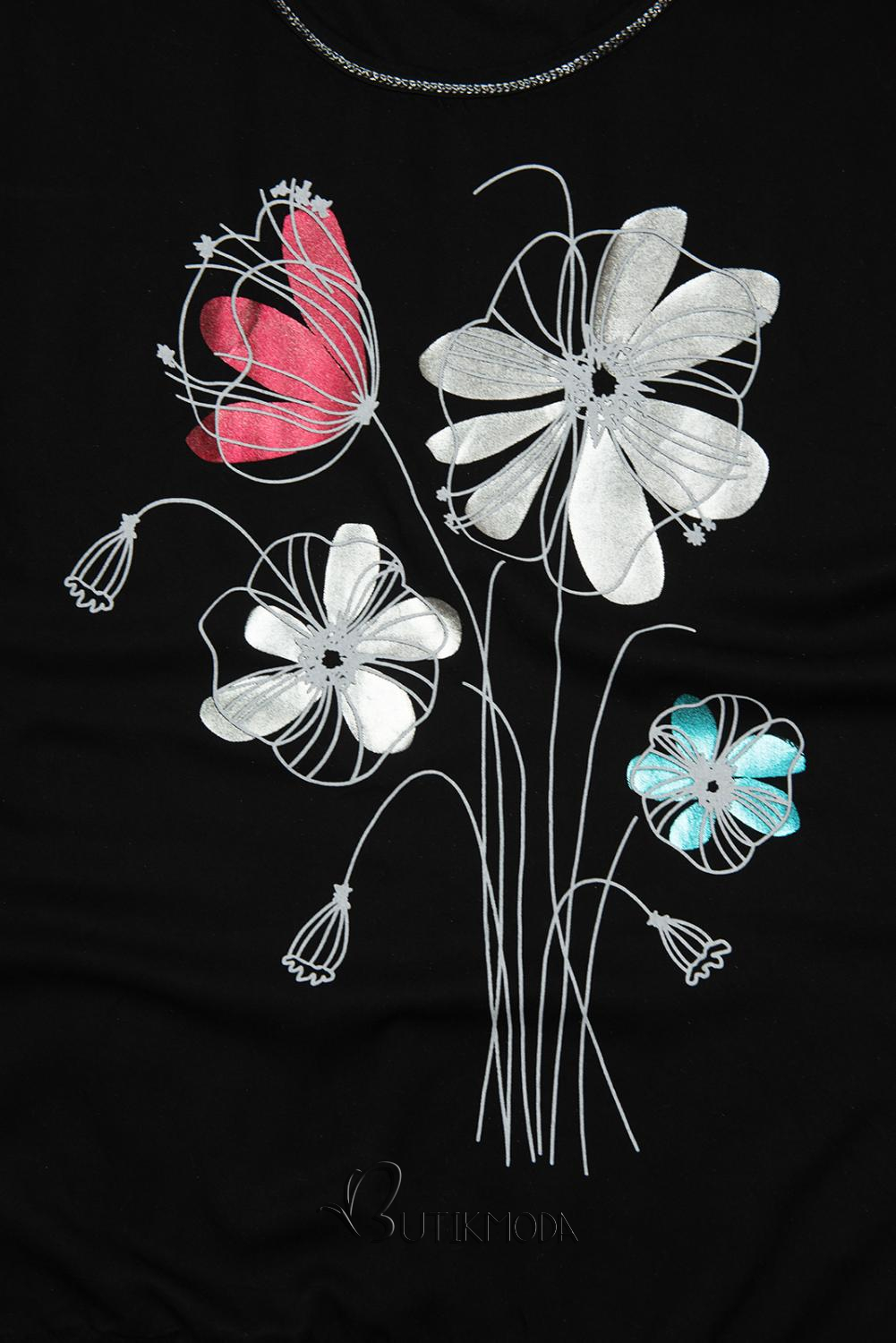 Fekete színű virágmintás póló