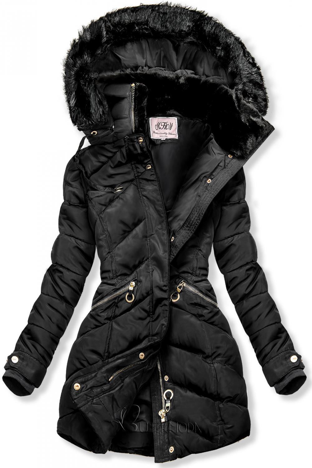 Fekete színű téli kabát, meleg plüss gallérral