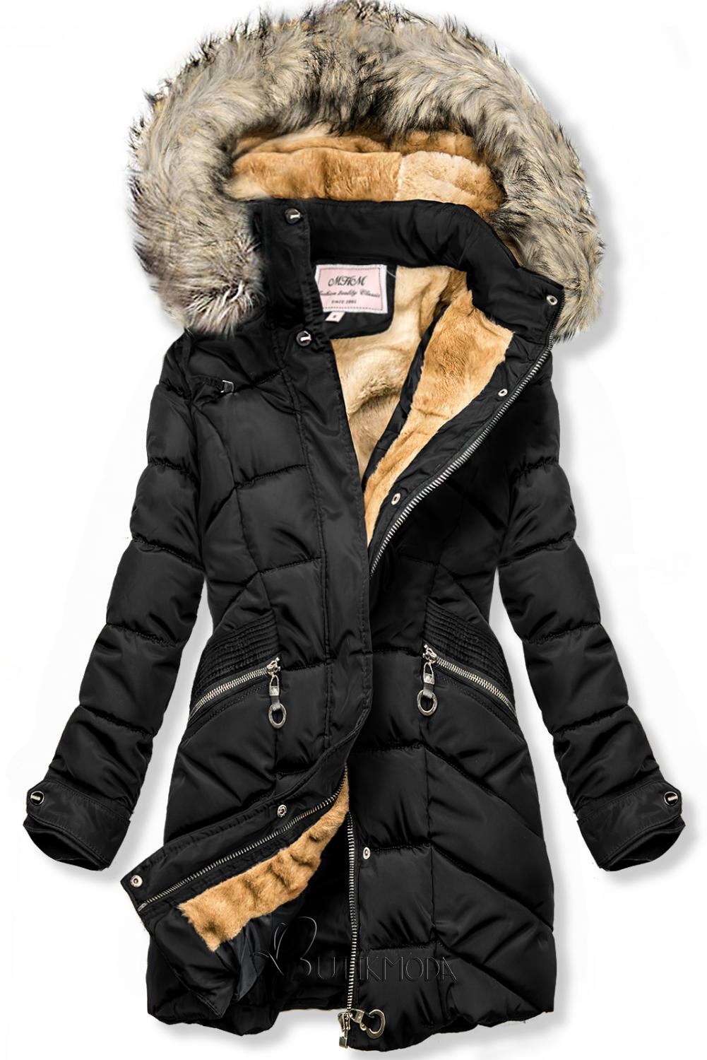 Fekete színű téli kabát, levehető kapucnival