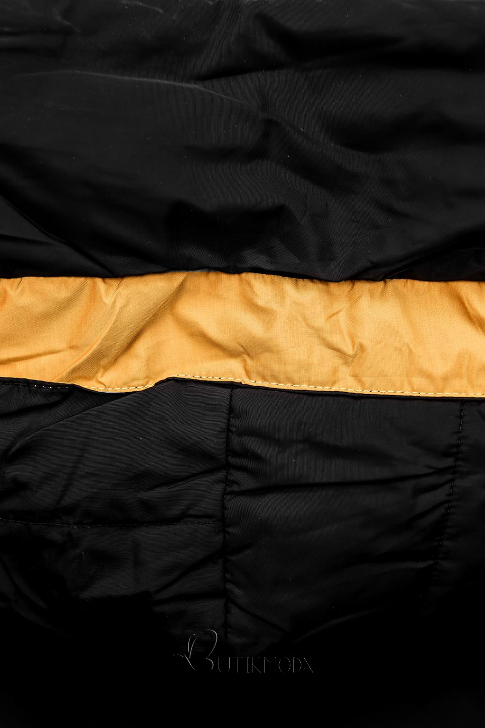 Fekete színű kabát sárga színű szegíllyel