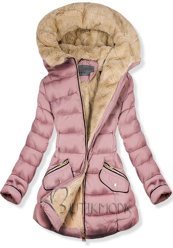Rózsaszínű steppelt kabát, plüss béléssel