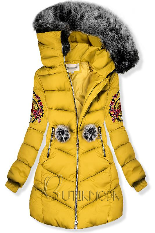 Sárga színű téli hímzett kabát