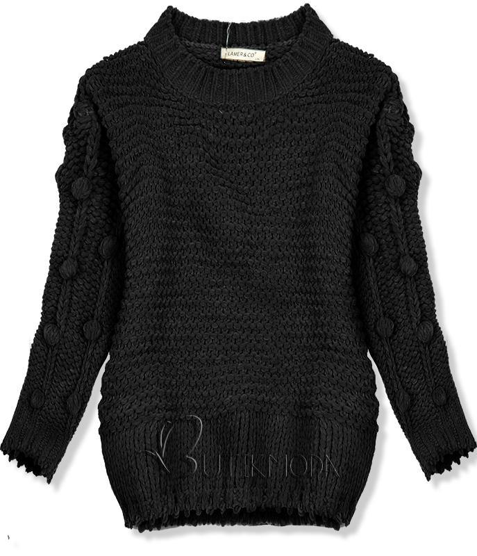 Fekete színű pulóver pompommal