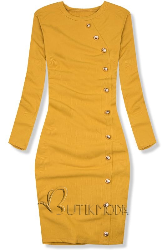 Mustársárga színű stretch ruha dekoratív gombokkal