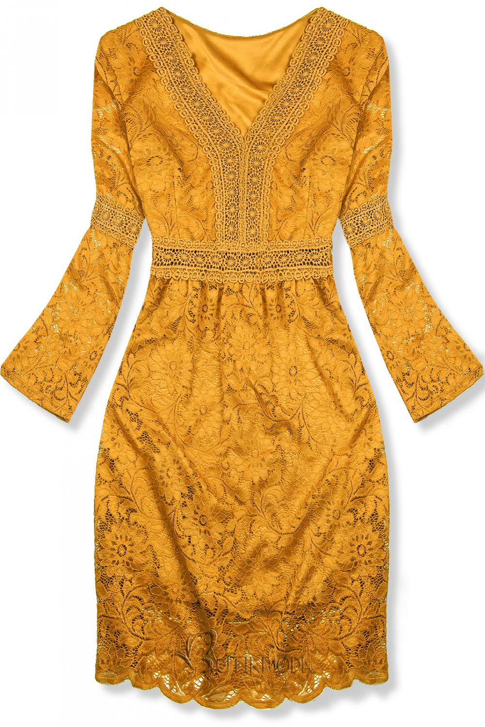 Mustárszárga színű elegáns csipke ruha