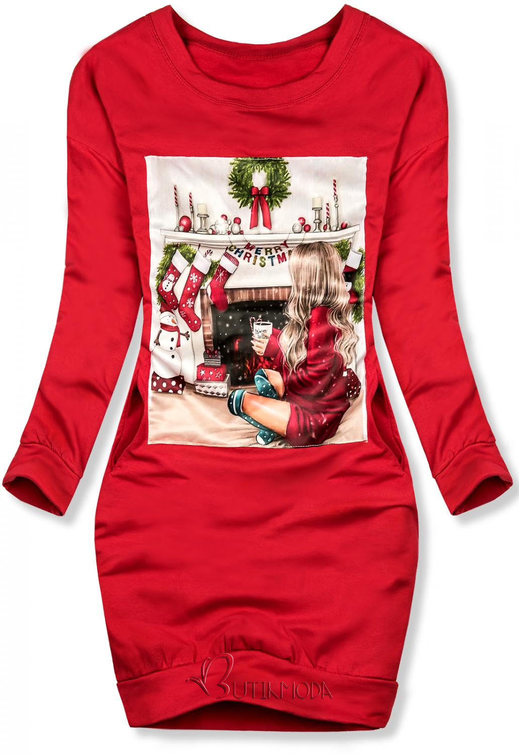 Piros színű laza ruha, karácsonyi motívummal