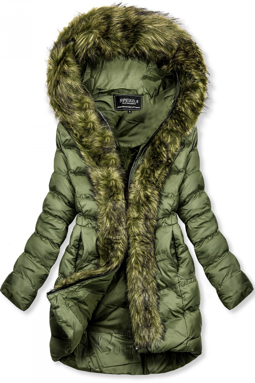Zöld színű téli kabát, műszőrme szegéllyel