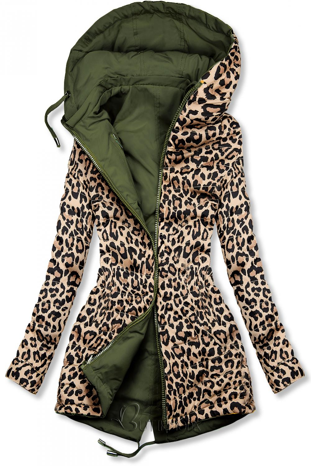 Khaki színű kifordítható parka leopárd mintával