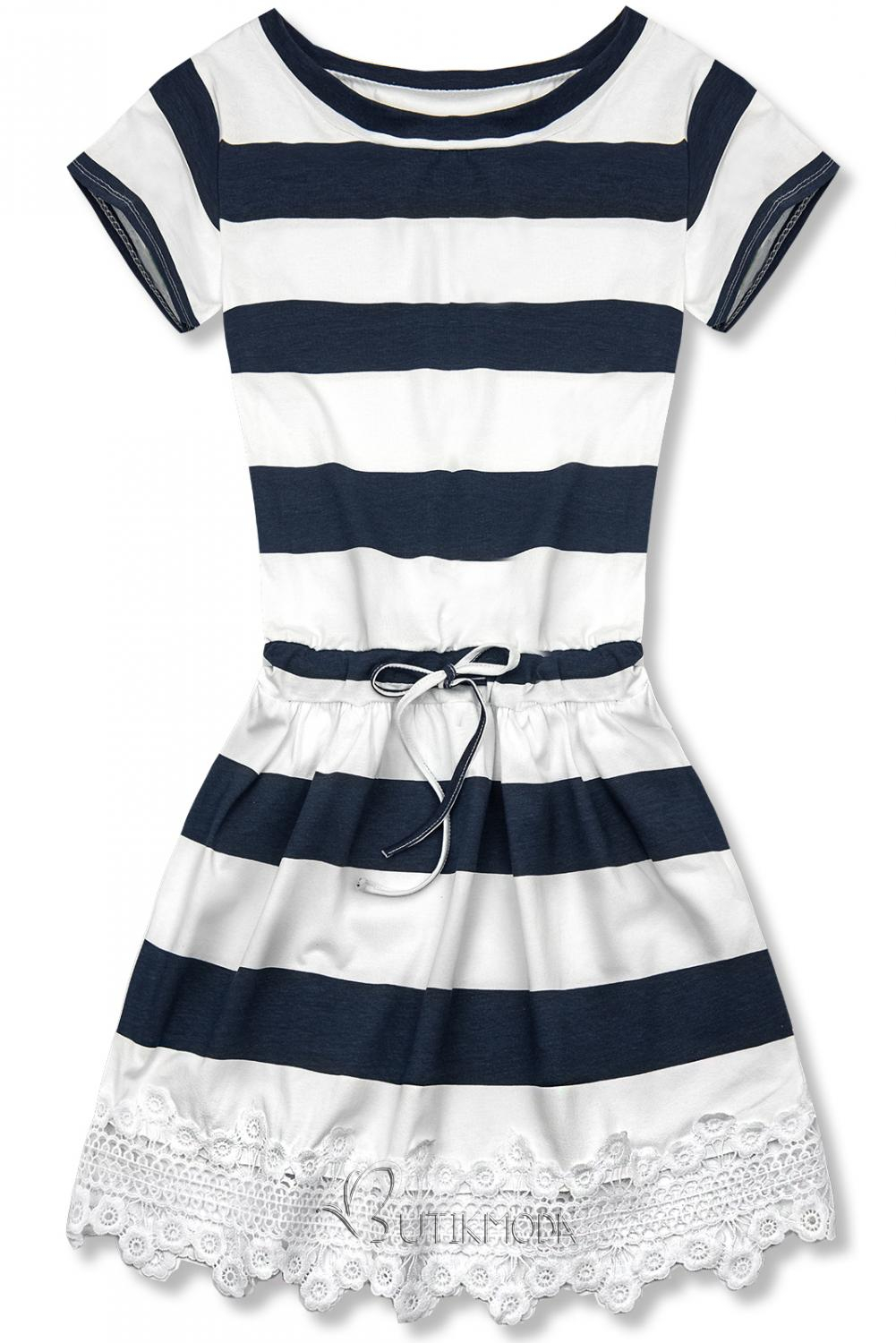 Kék és fehér színű csíkos ruha csipkével X.