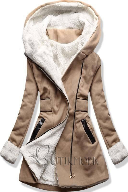 Teveszínű kapucnis téli kabát