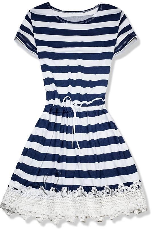 Kék és fehér színű nyári ruha csipkével
