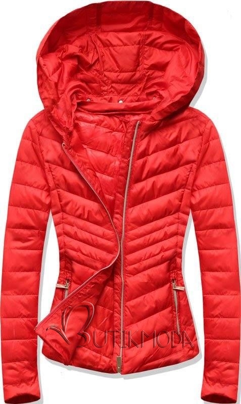Piros színű steppelt dzseki, levehető kapucnival