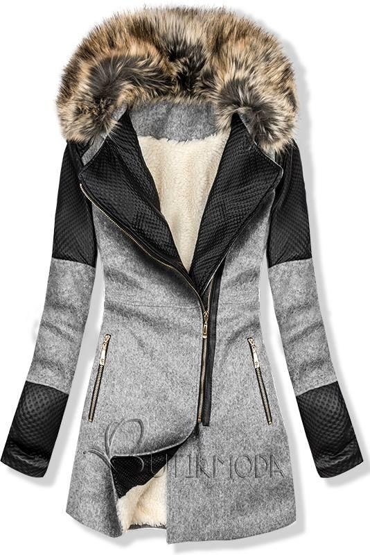 Világos szürke színű téli kabát plüss béléssel