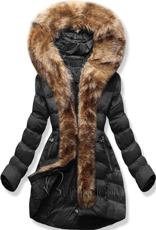 Fekete színű téli kabát műszőrme szegéllyel