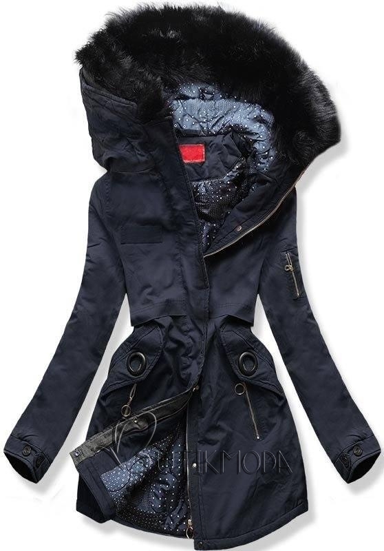 Téli parka kabát, pöttyös béléssel - sötétkék színű