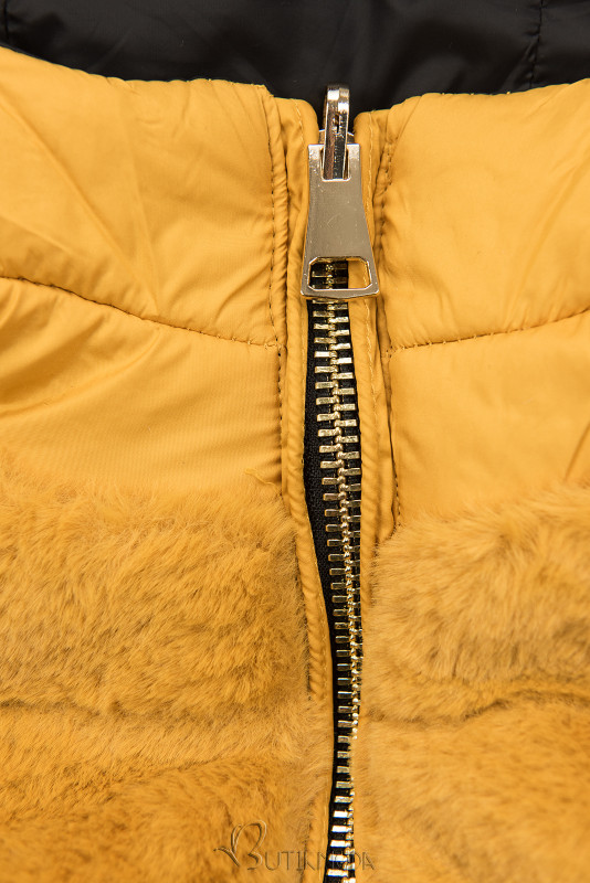 Sárga és fekete színű kifordítható, plüssel kombinált rövid kabát