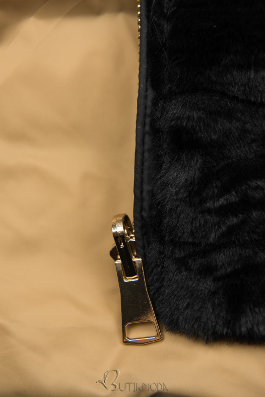 Fekete és barna színű kifordítható, plüssel kombinált rövid kabát