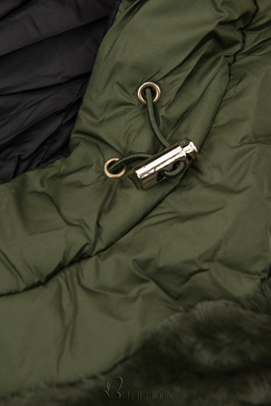 Zöld és fekete színű kifordítható, plüssel kombinált rövid kabát
