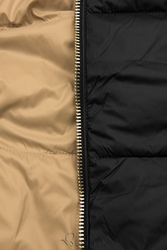 Fekete és barnabézs színű kifordítható kabát kapucnival