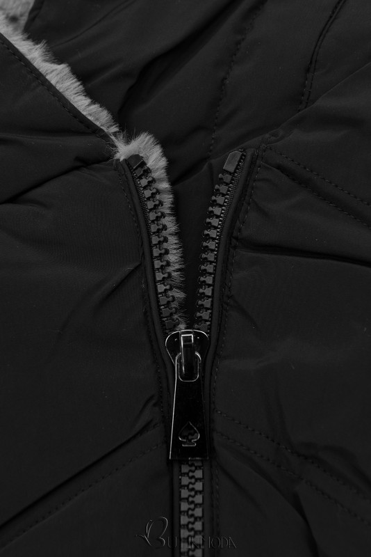 Fekete színű téli kabát virágmintás béléssel