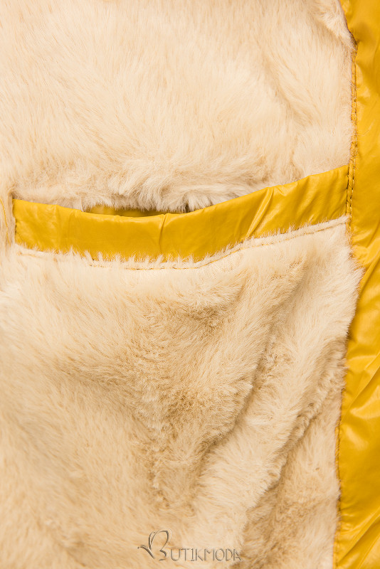 Sárga színű fényes téli kabát övvel