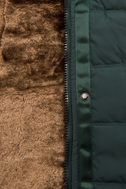 Zöld színű téli kabát plüssel és műszőrmével