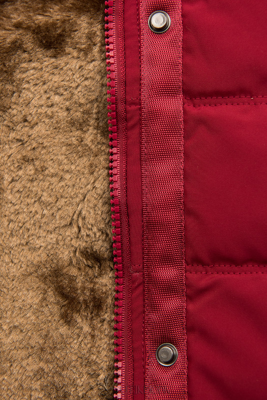 Piros színű téli kabát plüssel és műszőrmével