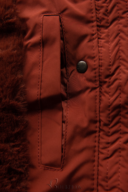 Terrakotta színű téli kabát nagy kapucnival