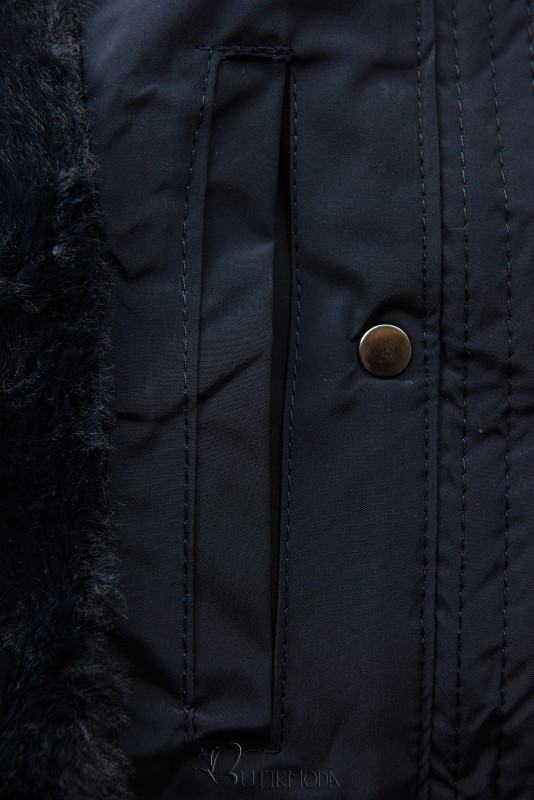 Sötétkék színű téli kabát nagy kapucnival