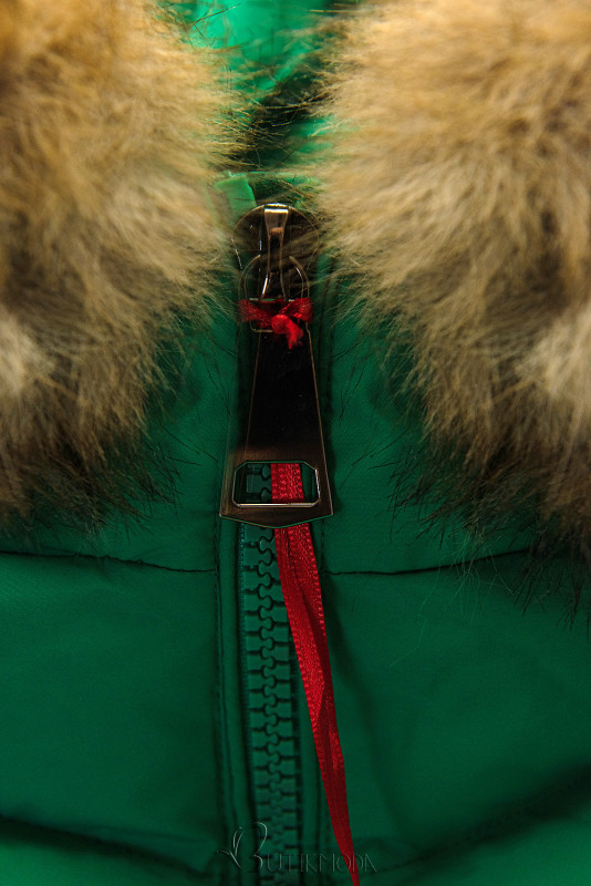 Zöld színű steppelt téli kabát műszőrmével