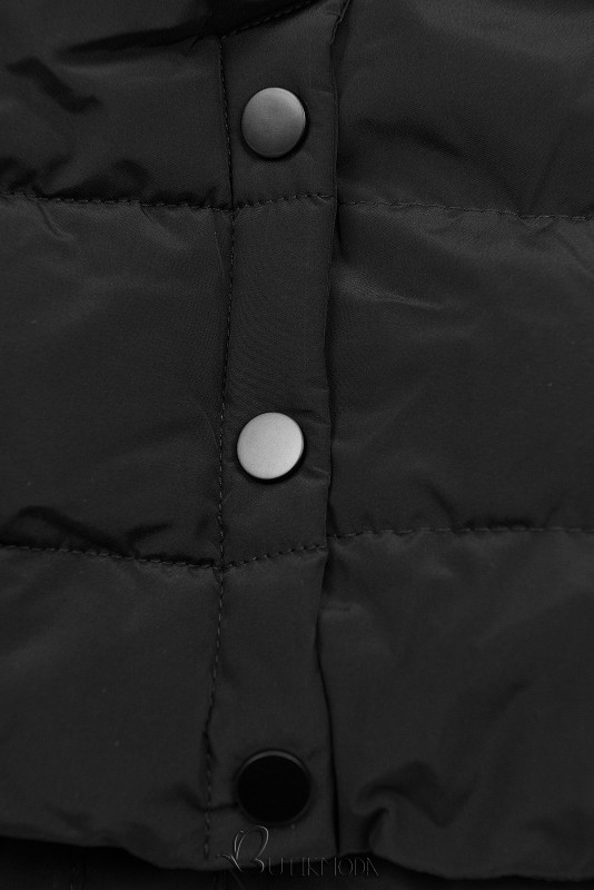 Fekete színű téli steppelt kabát kapucnival