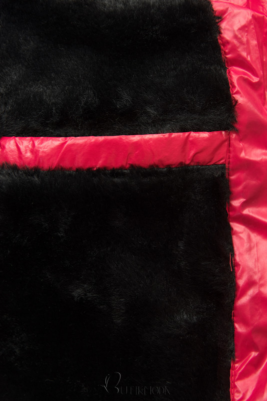 Piros színű rövid téli kabát fekete színű műszőrmével
