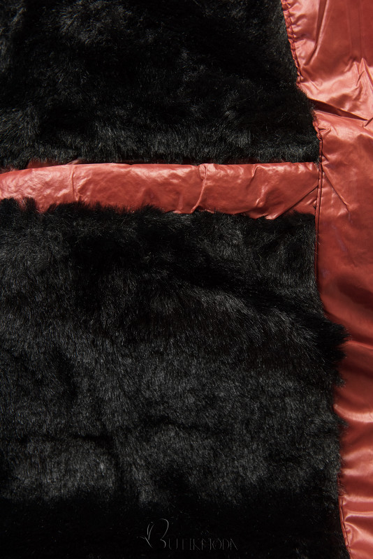 Téglabarna színű rövid téli kabát fekete színű műszőrmével