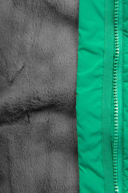 Zöld színű steppelt téli kabát plüssel