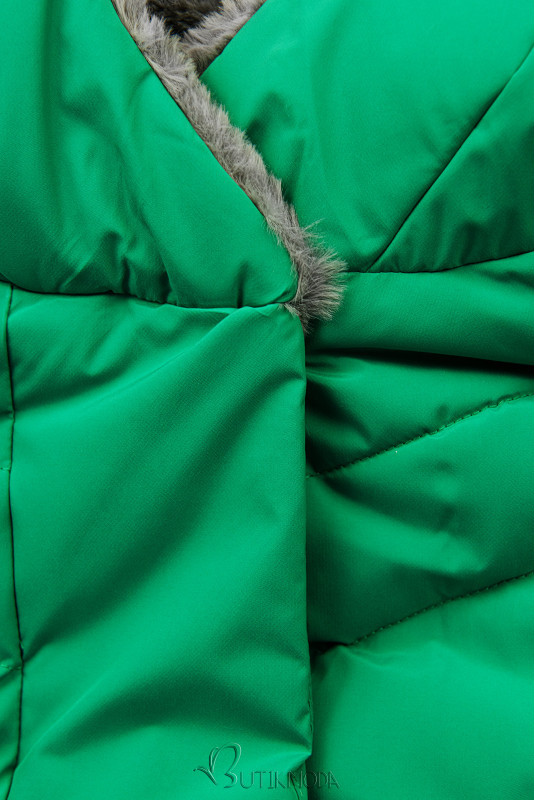 Zöld színű steppelt téli kabát plüssel