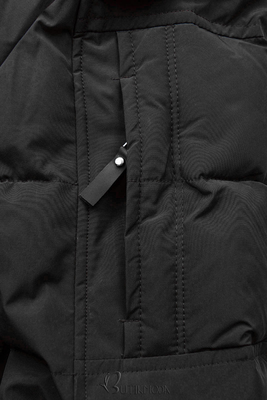 Fekete színű téli kabát derékban behúzással