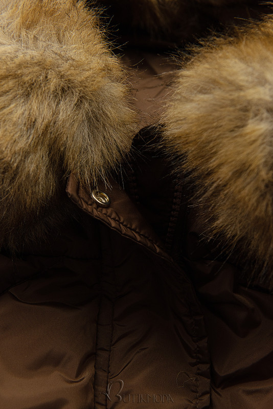 Barna színű téli kapucnis dzseki műszőrmével