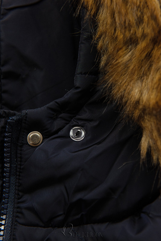 Sötétkék színű téli kapucnis dzseki műszőrmével