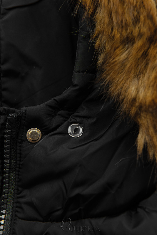 Fekete színű téli kapucnis dzseki műszőrmével