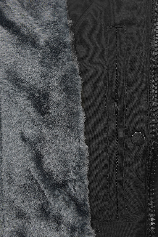Fekete színű téli kabát szürke plüssel