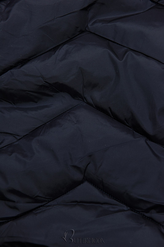 Sötétkék színű steppelt téli kabát levehető kapucnival
