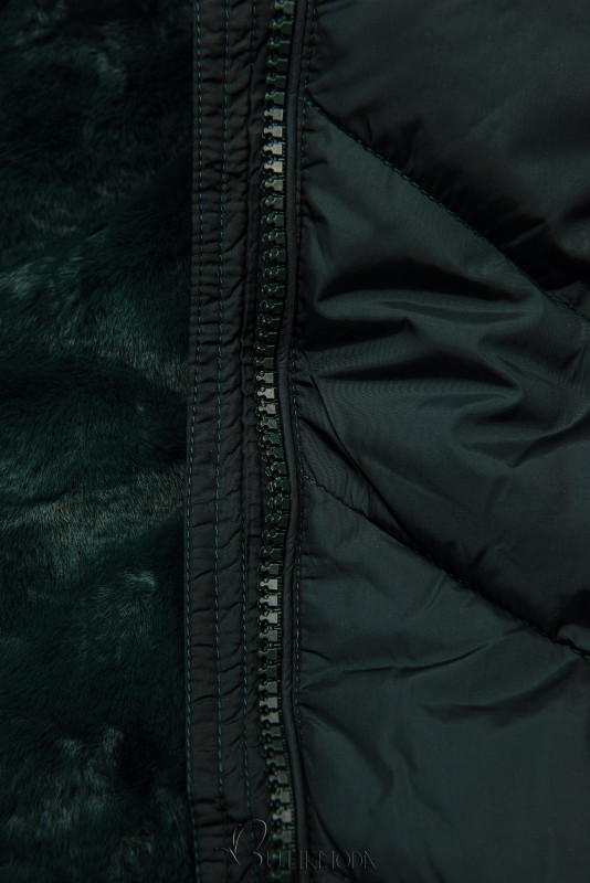 Sötétzöld színű steppelt téli kabát levehető kapucnival