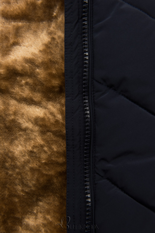 Sötétkék színű téli steppelt kabát levehető kapucnival