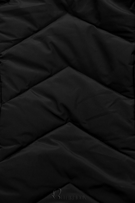 Fekete színű téli steppelt kabát levehető kapucnival
