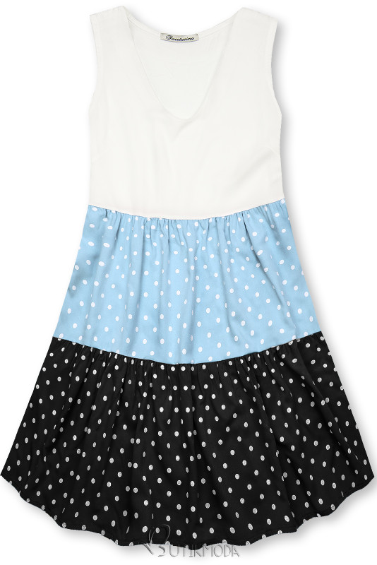 Fehér, kék és fekete színű pöttyös viszkóz ruha