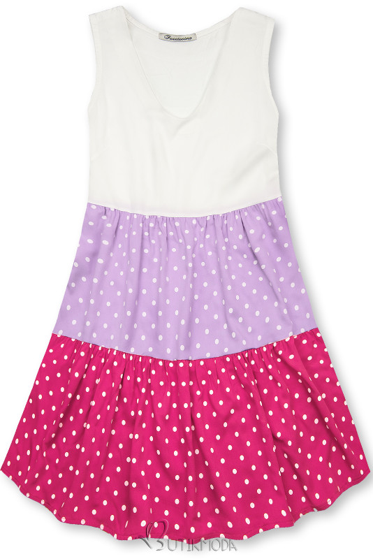 Fehér, lila és rózsaszínű pöttyös viszkóz ruha