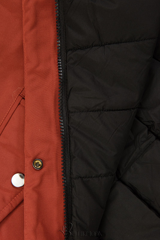 Kifordítható téli kabát szőrmével  - rozsdavörös és fekete színű