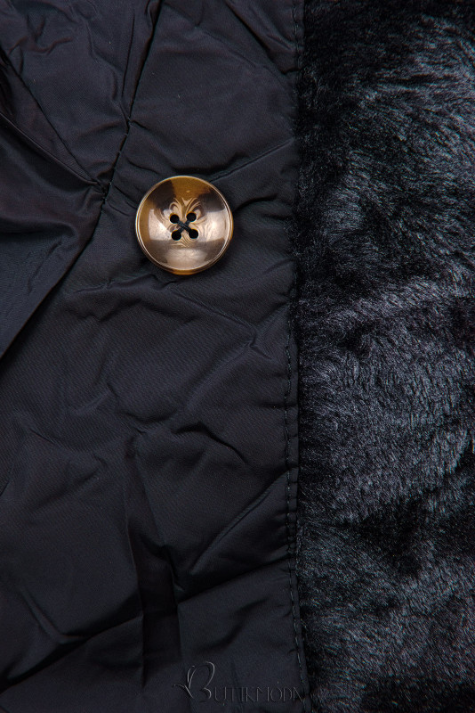 Sötétkék színű steppelt téli kabát magas gallérral